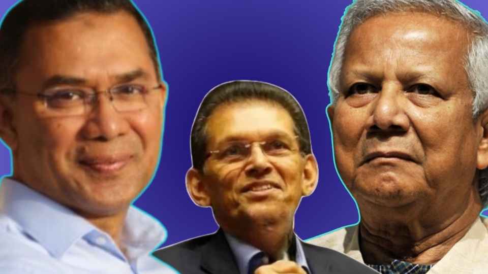 বিএনপির ভারপ্রাপ্ত চেয়ারম্যান তারেক রহমান, প্রধান উপদেষ্টা মুহাম্মদ ইউনূস ও খলিলুর রহমান।