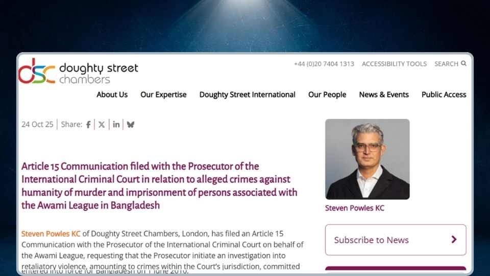 Doughty Street International লন্ডনের ডাউটি স্ট্রিট চেম্বার্সের আইনজীবী স্টিভেন পাওলস কেসি আওয়ামী লীগের পক্ষ থেকে এই অভিযোগটি দাখিল করেছেন।