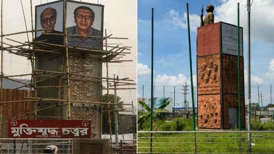 জাতীয় চার নেতার ছবি সম্বলিত ম্যুরাল সরিয়ে পাশেই নির্মিত হচ্ছে নতুন ম্যুরাল। ছবি: সংগৃহীত