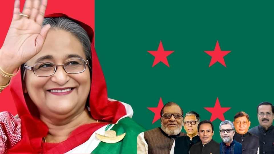 শেখ হাসিনা ও আওয়ামী লীগের কয়েকজন নেতা। ছবি কোলাজ: দ্য সান ২৪।