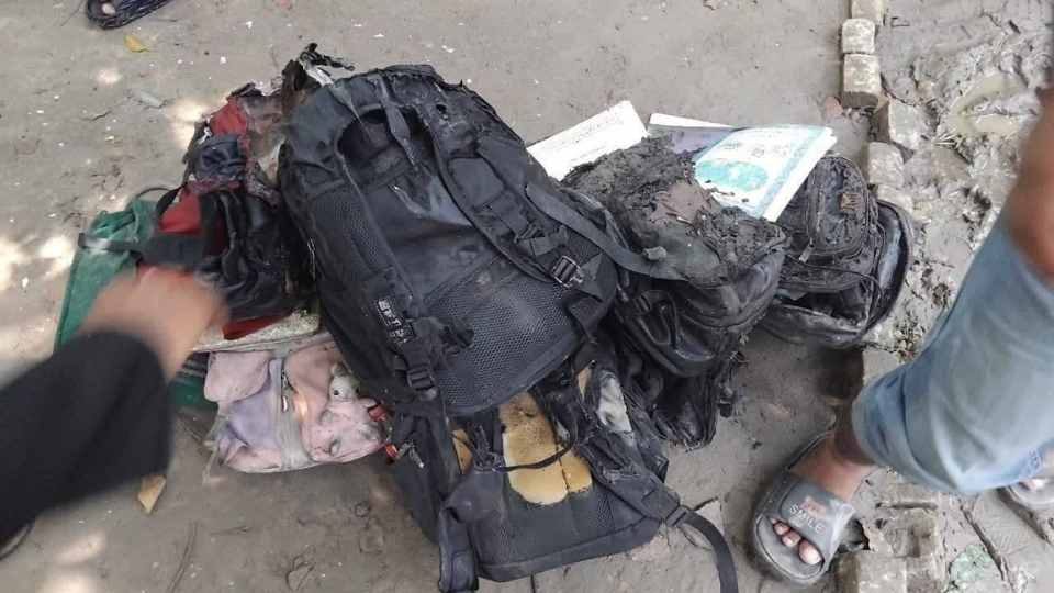 শিক্ষার্থীদের পুড়ে যাওয়া স্কুল ব্যাগ। ছবি সোশাল মিডিয়া থেকে নেওয়া।